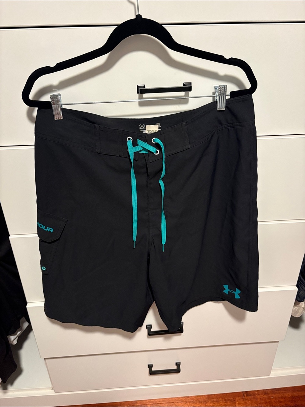 Under Armour Black Swim Board Shorts with Teal Drawcord